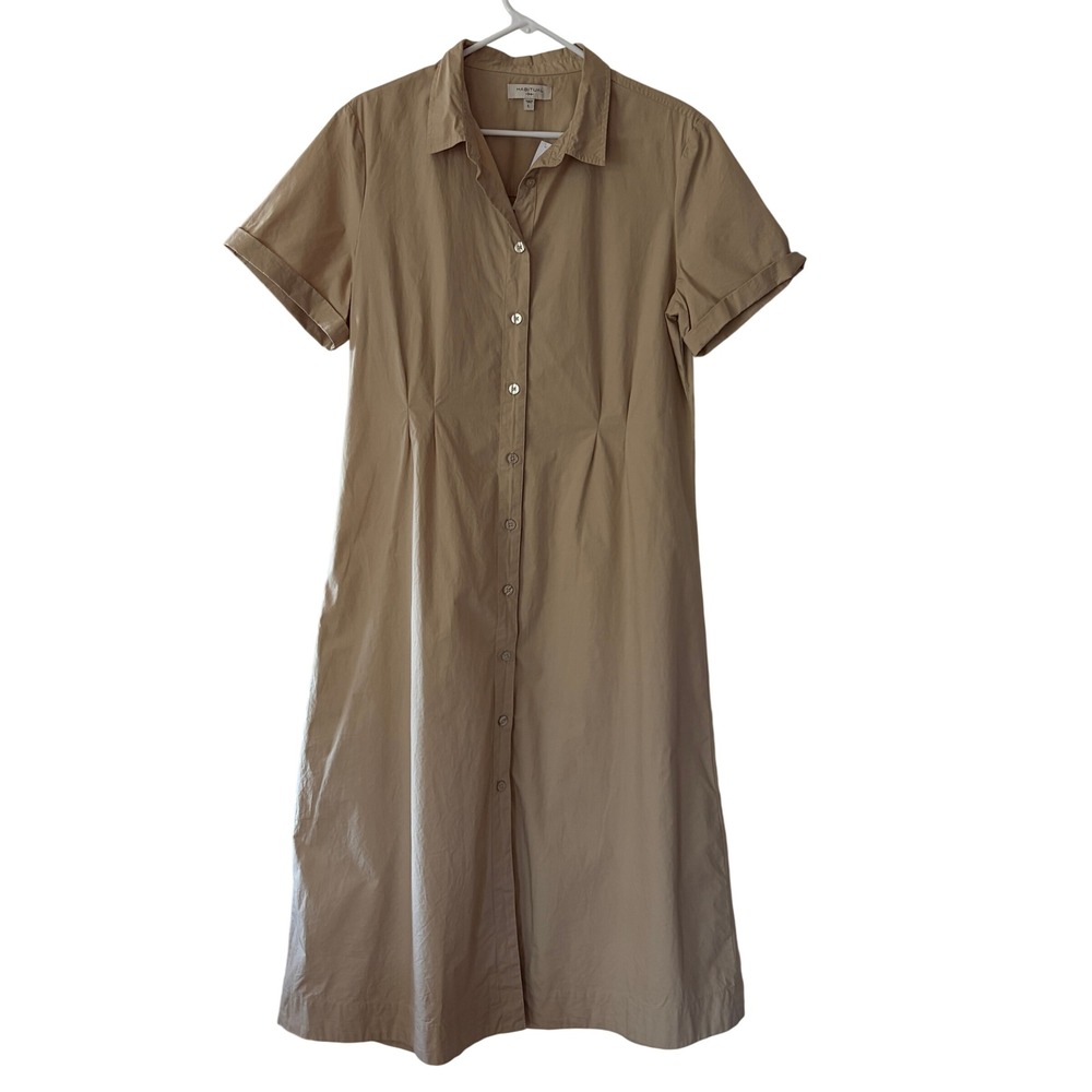 Habitual Midi Shirt Dress Large Tan Khaki Lightweight Cotton Tailored Clean Girl